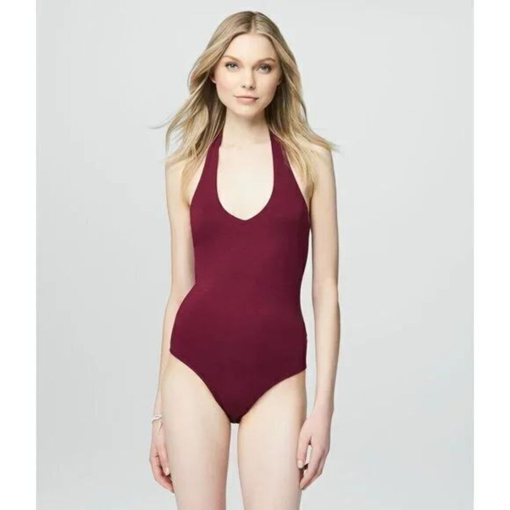 Aeropostale Womens Small Bodysuit Burgundy Sleeveless Halter Tank Top Basic Snap - Picture 6 of 6